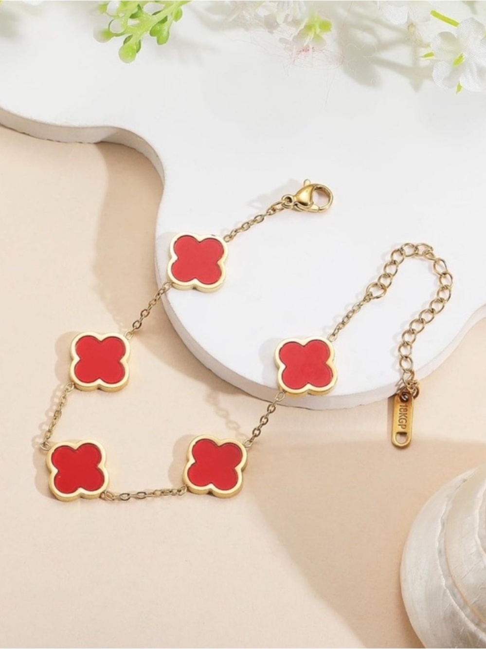 18k Gold Plated Red Clover Bracelet